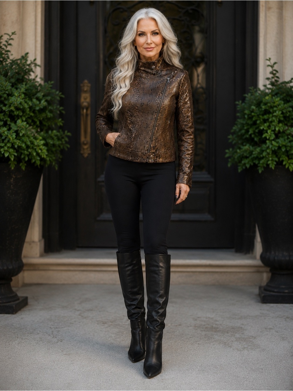 Landi Italy Oregon Python-Embossed Leather Moto Jacket Brown IT 42 US 6 - Picture 3 of 9
